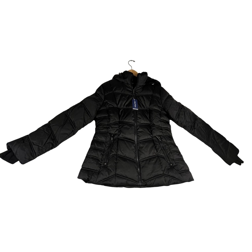 Black Chevron Quilted Puffer Jacket with Faux Fur Lined Hood Full Zip Size L